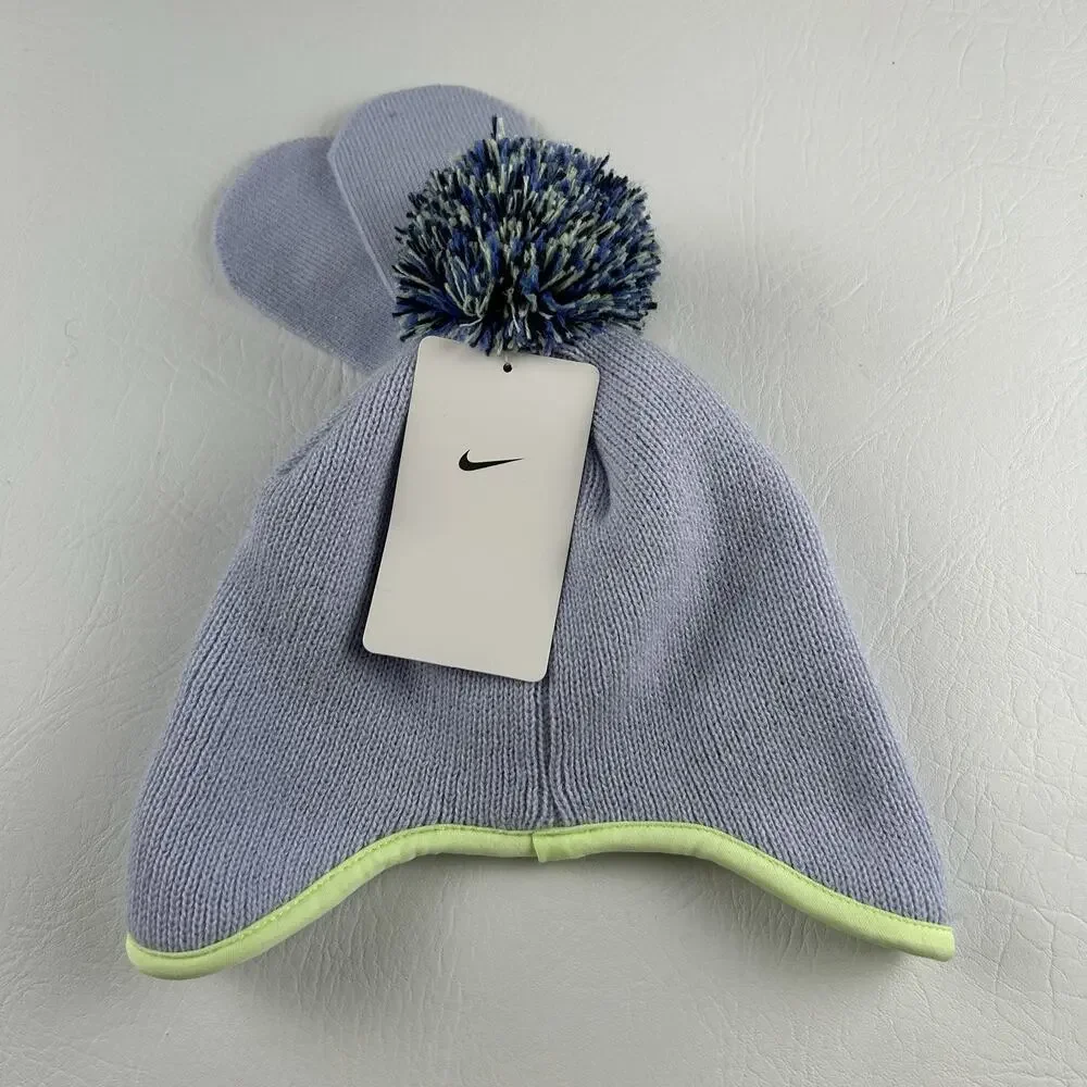 Nike Infant 2 Piece Knit Hat Gloves Set Gray Neon Green Logo NWT